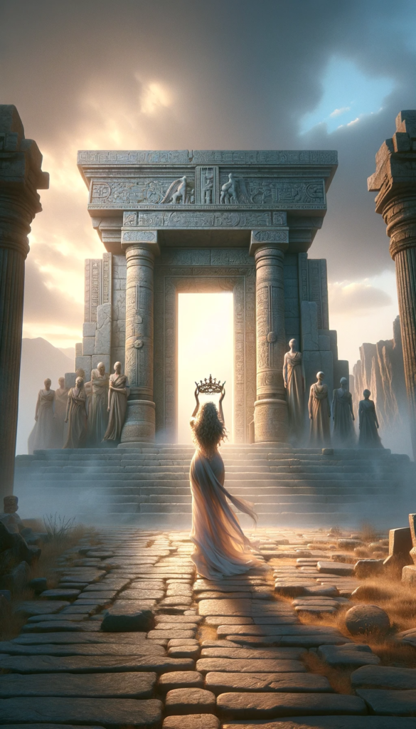 Rappresentazione artistica di Inanna mentre si toglie la corona al primo cancello, durante la sua discesa agli inferi