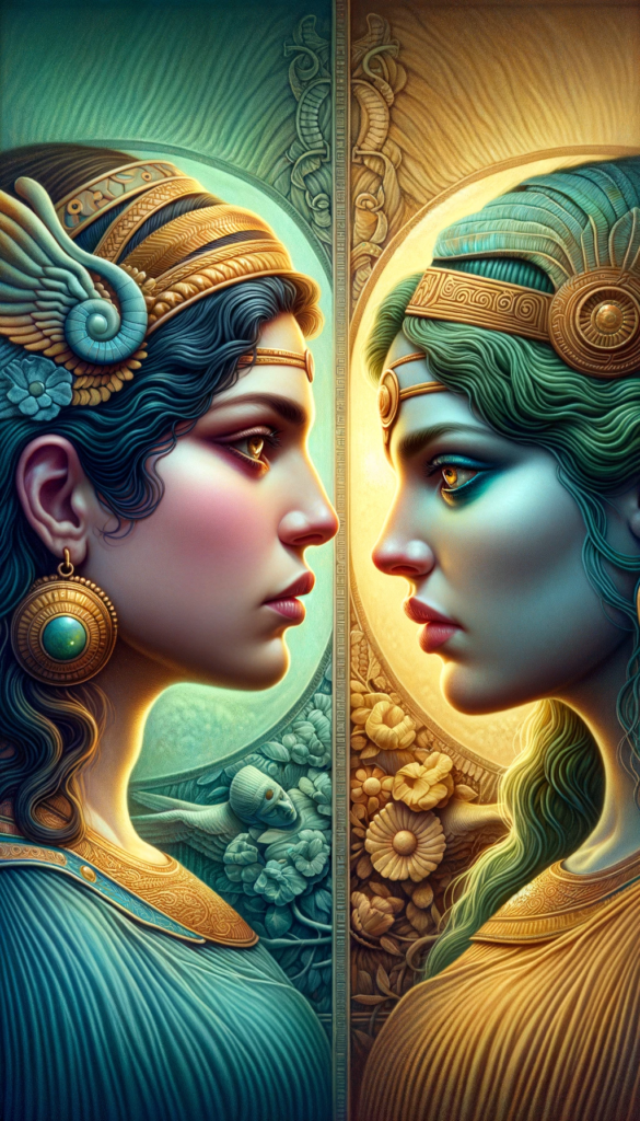 Immagine artistica che rappresenta Inanna e sua sorella Ereshkigal che si guardano negli occhi